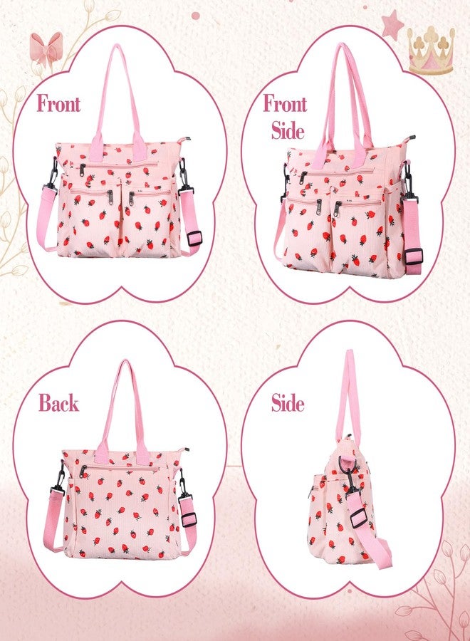 AojSup Pink Strawberry Tote Bag for Women Girls, Corduroy Everyday Tote Bag with Multi Pocket Cute Travel Shoulder Purse Handbag Crossbody Work Bags - Image 5